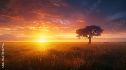 /imagine A stunning savanna at sunrise, with the golden light illuminating the grasslands and a lone acacia tree silhouetted against the vibrant sky.