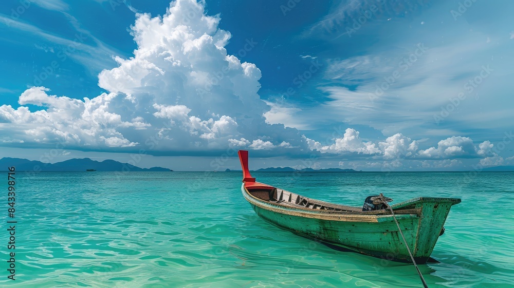 Boat in turquoise ocean water against blue sky with white clouds and tropical island. Natural landscape for summer vacation, panoramic view. Boat in turquoise ocean water against blue sky with white clouds and tropical island. Natural landscape for summer vacation, panoramic view.