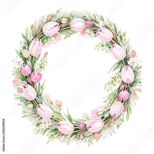 Watercolor Pink Tulips, Tulip flower wreath laurel. Decoration for weddings, wedding design, wedding invitation.AI generated art.	
