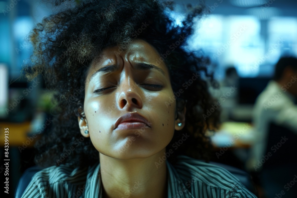 A close-up of a person's face, showing signs of stress and burnout with a background of a busy office A close-up of a person's face, showing signs of stress and burnout with a background of a busy office