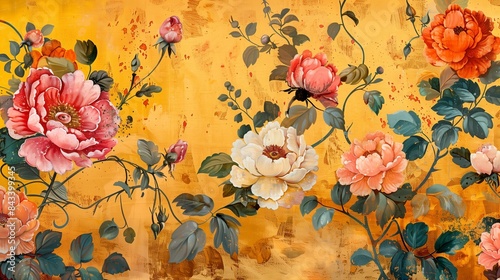 mughal flower borde.Garden Wall Oil-Paint Illustration Artwork for textile MINI bold Illustration For Textile Branding