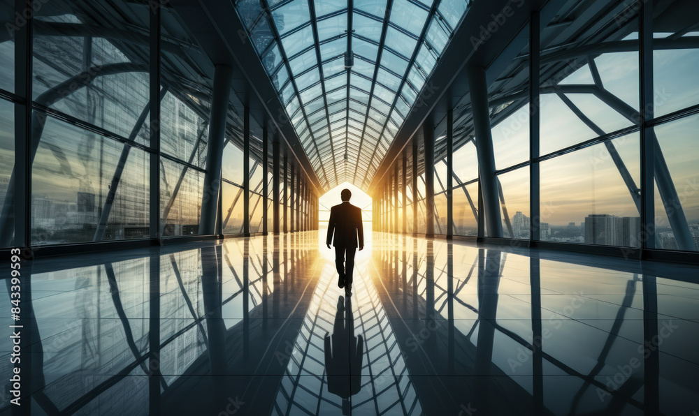Silhouette of a solitary businessman walking through a modern glass corridor in a corporate building, symbolizing corporate progress and future opportunities Silhouette of a solitary businessman walking through a modern glass corridor in a corporate building, symbolizing corporate progress and future opportunities