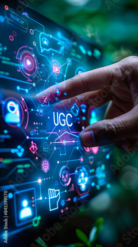 Business professional interacting with futuristic digital interface showcasing UGC user-generated content & related icons, leveraging user-created data for marketing or product development strategies