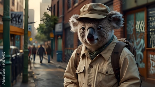 Meet the koala detective, sporting a classic beige gabardine Sherlock Holmes's hat and a trusty backpack by its side. This character development prompt calls for a realistic yet stylized illustration,
