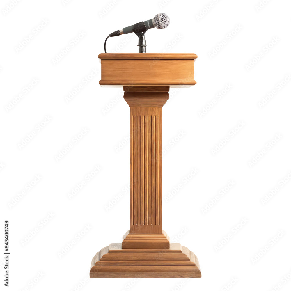 wooden podium with microphone isolated on transparent white background, clipping path wooden podium with microphone isolated on transparent white background, clipping path