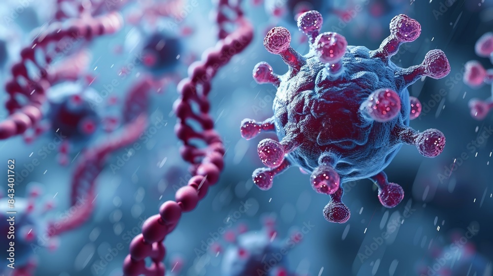 Close-up view of virus cells and DNA strands under the microscope, showcasing the microscopic world of viruses and genetic material. Close-up view of virus cells and DNA strands under the microscope, showcasing the microscopic world of viruses and genetic material.