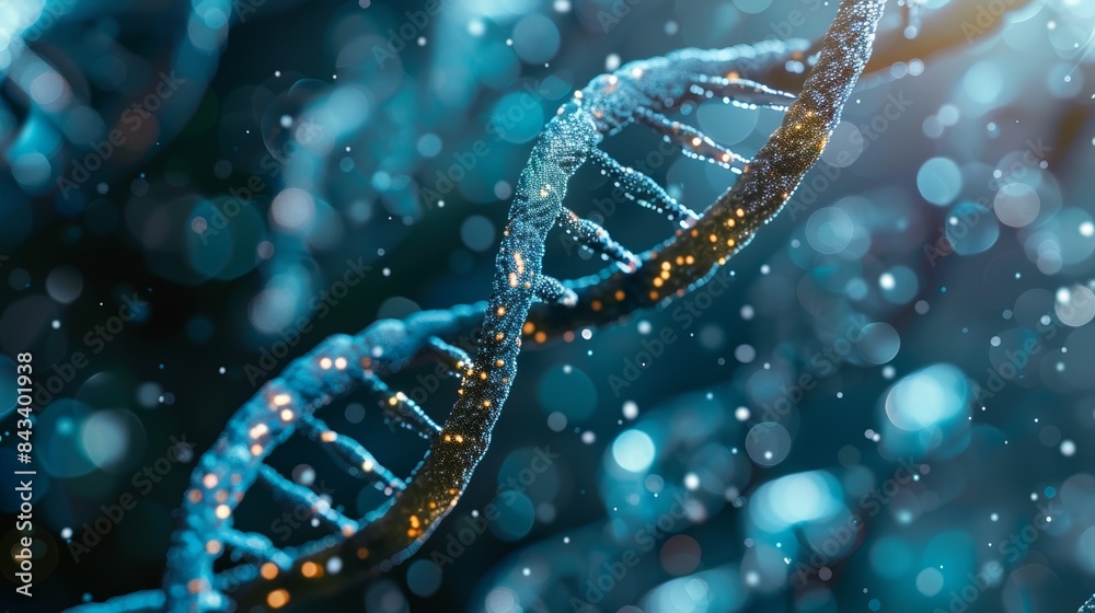 A close-up of a DNA double helix structure, representing genetic science, biotechnology, and molecular biology, with a blue blurred background.