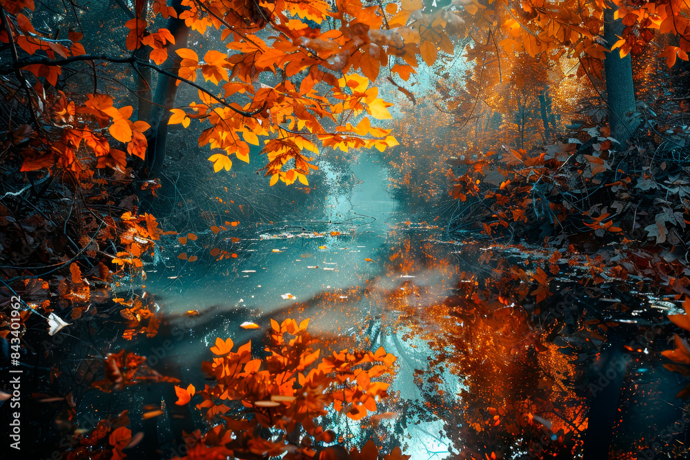 Autumn leaves float on a serene water surface, reflecting the vibrant orange hues in a surreal landscape. Autumn leaves float on a serene water surface, reflecting the vibrant orange hues in a surreal landscape.