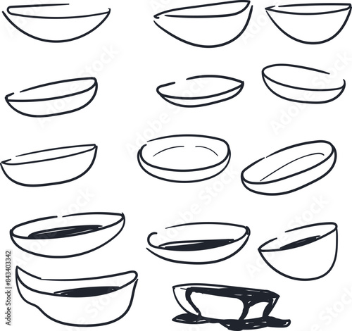 Set of simple cartoon plates in the form of icons. Liquid leaks from one of the dishes.
