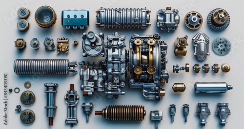 Different parts of a heavy duty car engine laid out separately on a dark background, AI powered engine concept 
