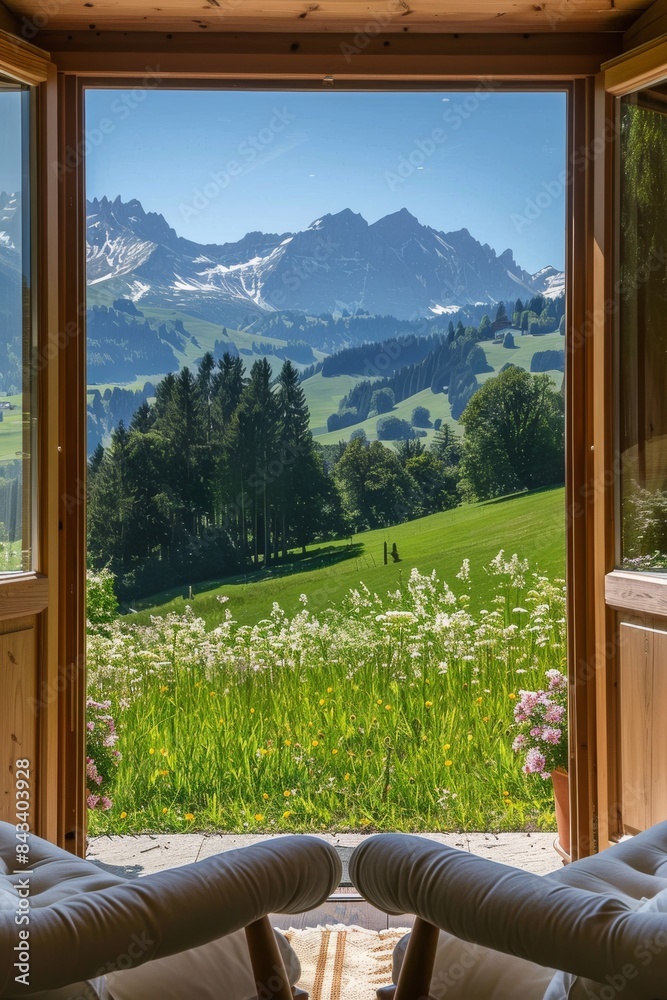 Fototapeta premium Open Door View of Mountainous Landscape With Chairs and Flowers