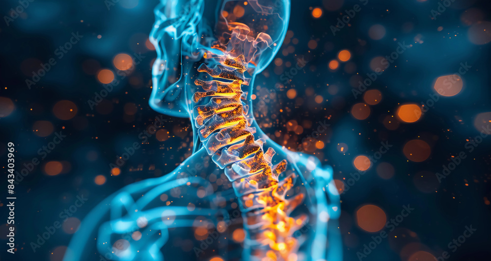 Human spine highlighted under an AI generated X-ray isolated on a blue background. Reports for medical examination Human spine highlighted under an AI generated X-ray isolated on a blue background. Reports for medical examination