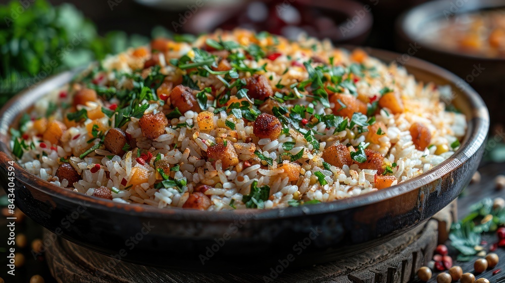 A vibrant bowl of rice with herbs, vegetables, and spices, creating a warm and inviting atmosphere. A vibrant bowl of rice with herbs, vegetables, and spices, creating a warm and inviting atmosphere.