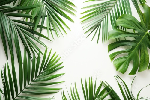 Tropical palm leaves on white background  top view  flat lay with copy space for travel and fashion concepts