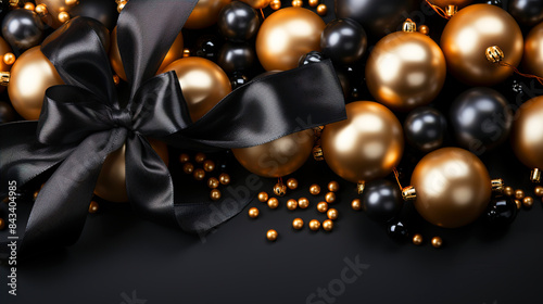 Gold and black baubles with Christmas copy space background 