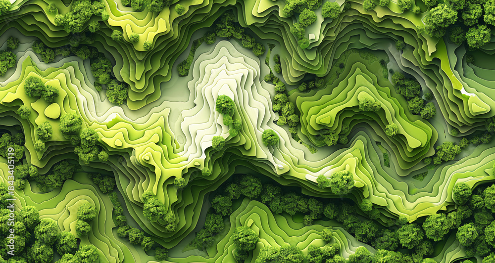 Obraz premium Abstract painting of contour trenches with green grass bushes and banks of small lake