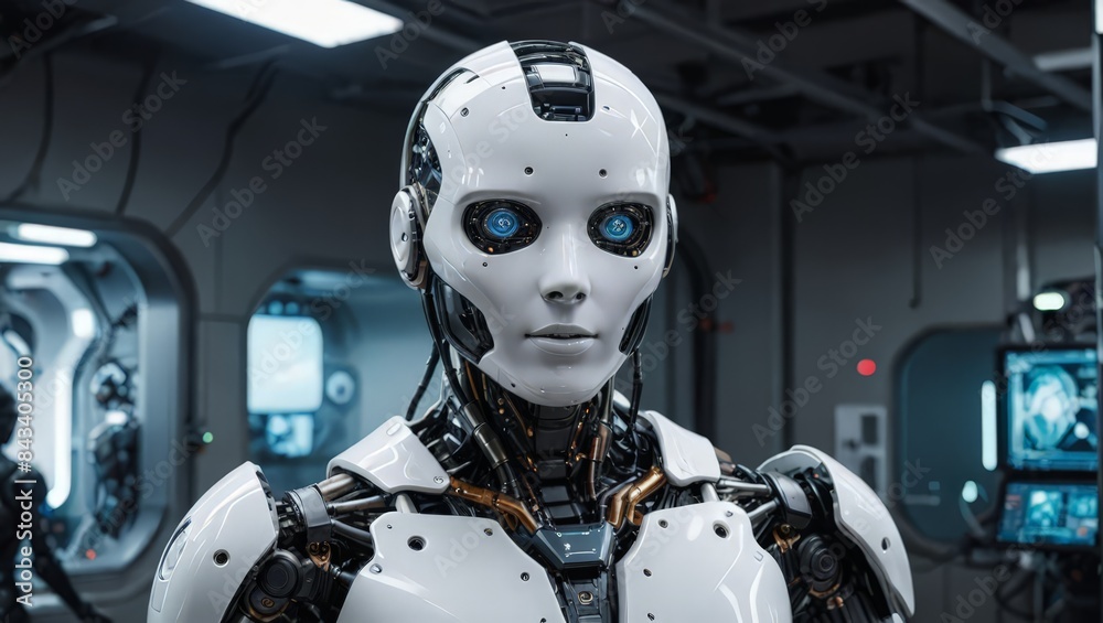 Humanoid Robot with Blue Eyes in a Futuristic Lab