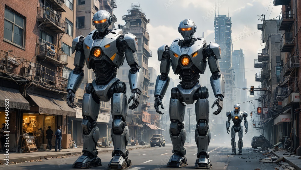Obraz premium Giant Robots Walking Through Destroyed City