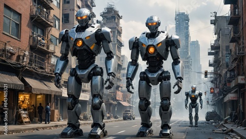 Giant Robots Walking Through Destroyed City © BOJOShop