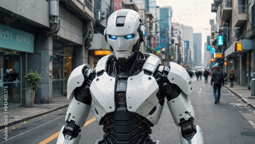Futuristic Robot Walking in City Street