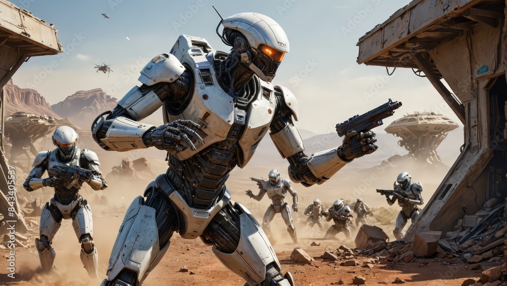 Futuristic Robot Soldier in Desert Combat Futuristic Robot Soldier in Desert Combat