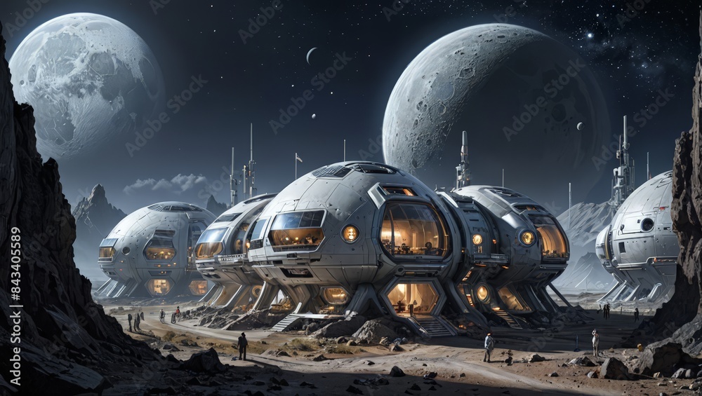 Futuristic Moon Base with Spaceships and Astronauts Futuristic Moon Base with Spaceships and Astronauts