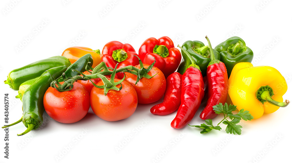 Red paprika isolated on white background, Composition, Colorful organic sweet bell peppers, natural background, Chili pepper green, red, yellow, orange, cherry tomatoes on  boards against whit
