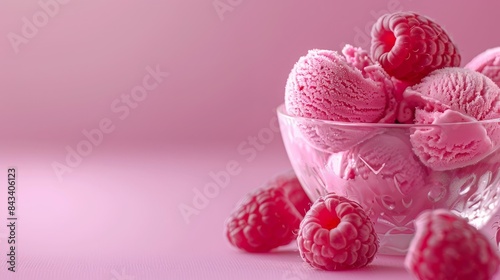 Raspberry ice cream balls in a bowl on a pastel blank background