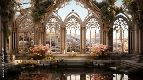 Rivendell mansion-castle, rococo architectural, gothic columns windows