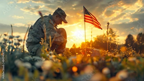 A soldier kneeling at the grave of lost friends. 