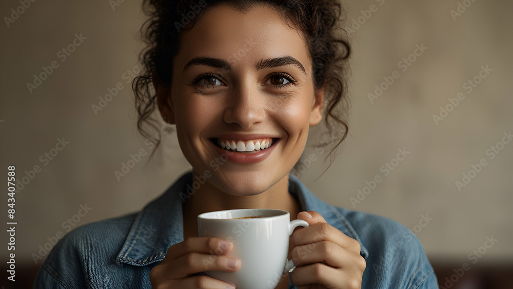 Smiling woman holds a cup of coffee, radiating warmth and contentment in a cozy moment of relaxation. Smiling woman holds a cup of coffee, radiating warmth and contentment in a cozy moment of relaxation.