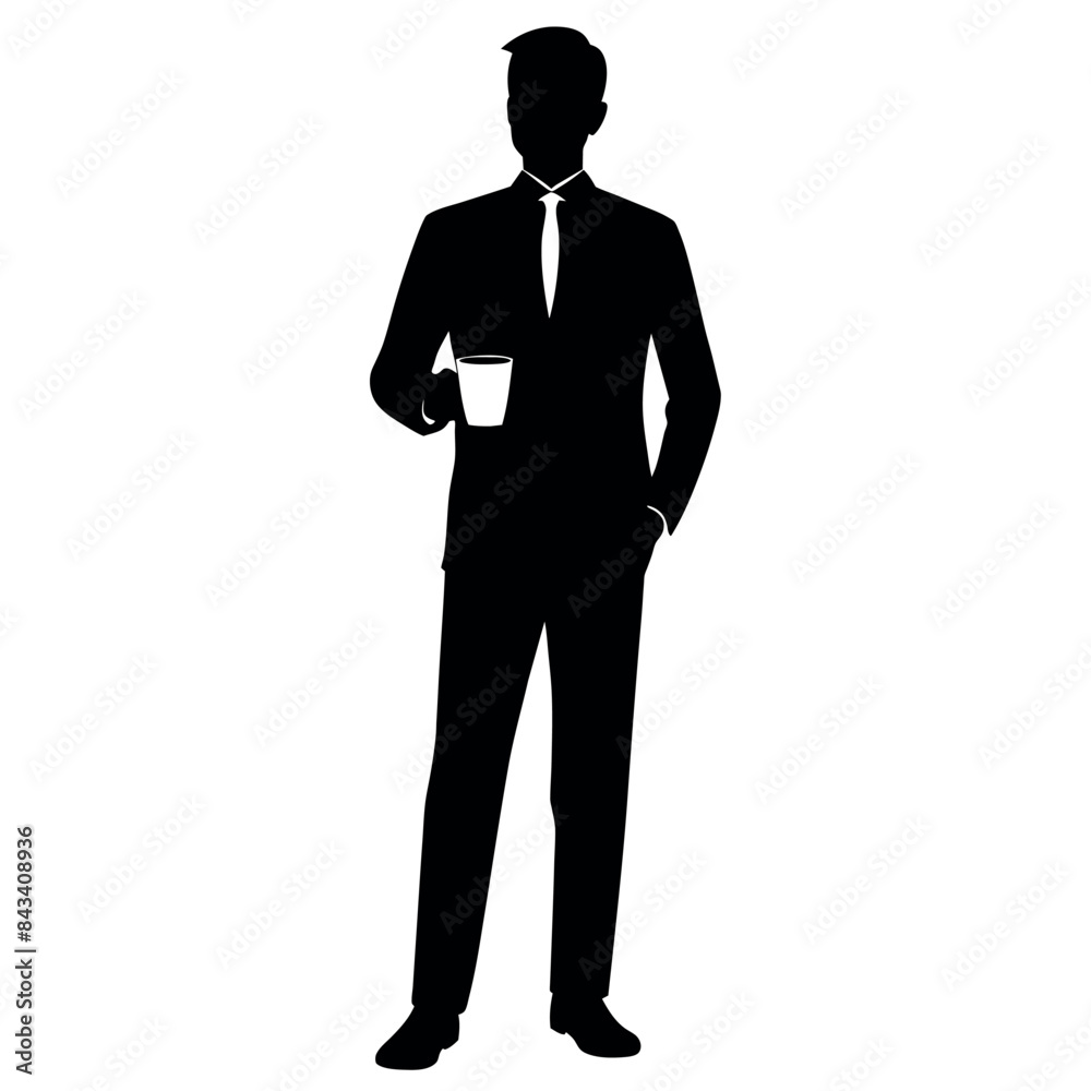 A business man Drink tea or coffee standing pose vector silhouette isolated white background