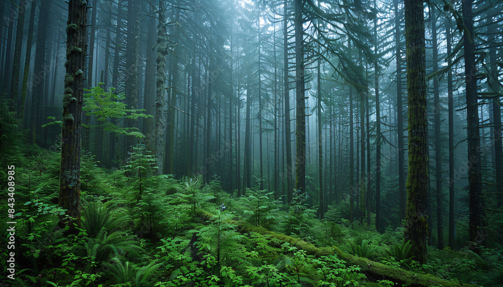 Fototapeta premium A mysterious and gloomy forest in the Pacific Northwest on a rainy and foggy day, located in North Vancouver, British Columbia, Canada. Perfect for nature and landscape-themed content.
