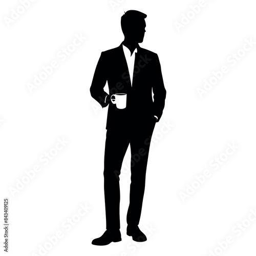 A business man Drink tea or coffee standing pose vector silhouette isolated white background