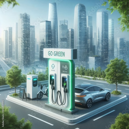 Futuristic Electric Station: Eco-Friendly Chargers for Electric Cars and Bikes © edisetiawan.id