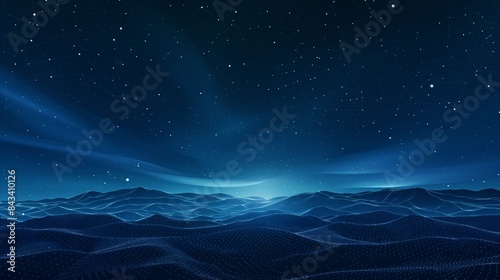 Polygonal wireframe mesh on dark blue night sky with dots and stars with copy space