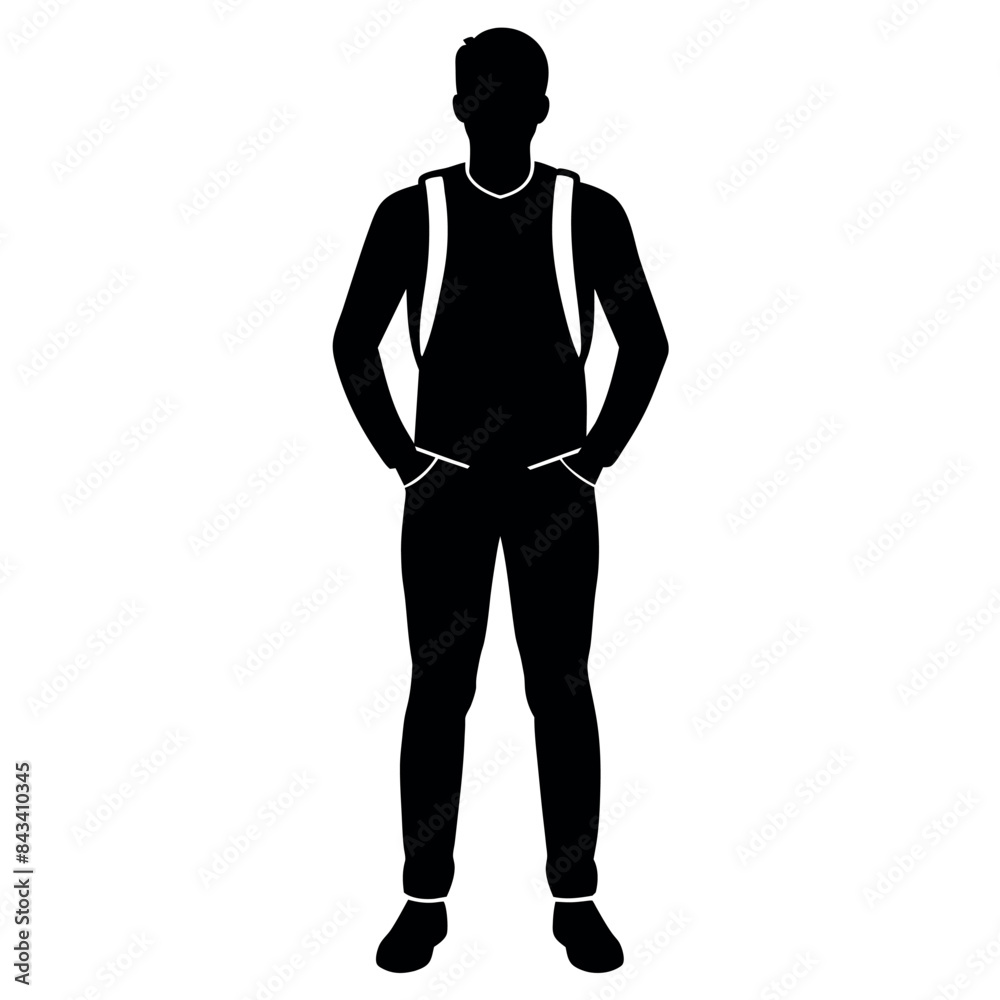 A man with a backpack keeps his hands on the waist vector silhouette A man with a backpack keeps his hands on the waist vector silhouette