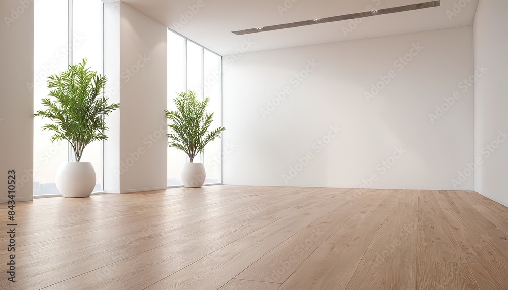 Empty room interior background, beige wall, pot with plant, wooden flooring 3d rendering Empty room interior background, beige wall, pot with plant, wooden flooring 3d rendering