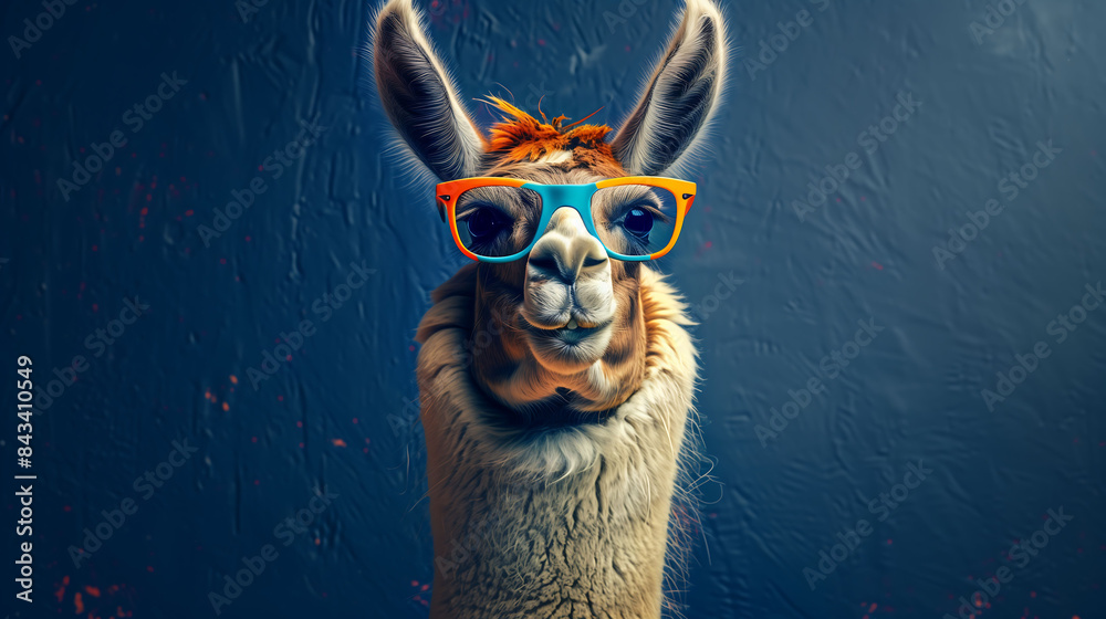 A beaming llama in funny glasses and a cheerful smile against a navy blue background A beaming llama in funny glasses and a cheerful smile against a navy blue background