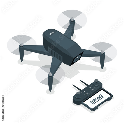 Isometric drone, flying quadcopter with remote controllers. Remote control, unmanned aerial drones vector illustration set. Electronic quadcopters. Drone unmanned, robot helicopter. Dark drone. 2172