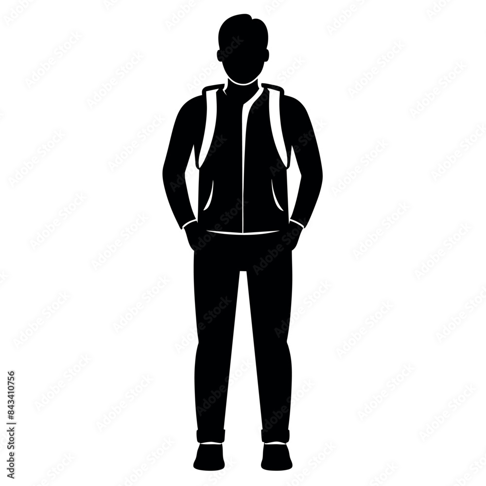 A man with a backpack keeps his hands on the waist vector silhouette
