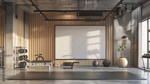Fototapeta Naklejka Na Ścianę i Meble -  A stylish home gym with a large black frame with copy space on a mirrored wall, surrounded by exercise equipment.