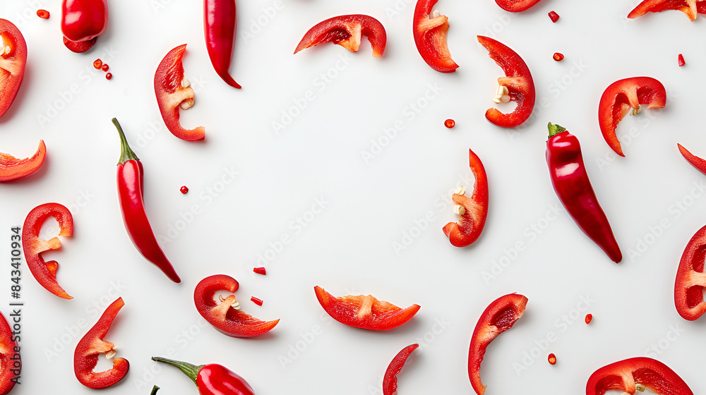 sliced red hot chili peppers isolated on white background top view, Red hot chili peppers on blue background, Flat lay, top view, red hot chili pepper decorated with green leaves isolated on white sliced red hot chili peppers isolated on white background top view, Red hot chili peppers on blue background, Flat lay, top view, red hot chili pepper decorated with green leaves isolated on white