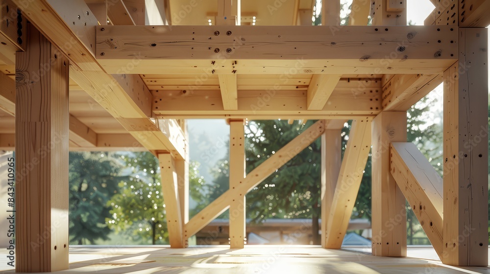Prefabricated wooden frame construction, detailed view of the connection points, realistic wood textures, and site environment with natural lighting Prefabricated wooden frame construction, detailed view of the connection points, realistic wood textures, and site environment with natural lighting
