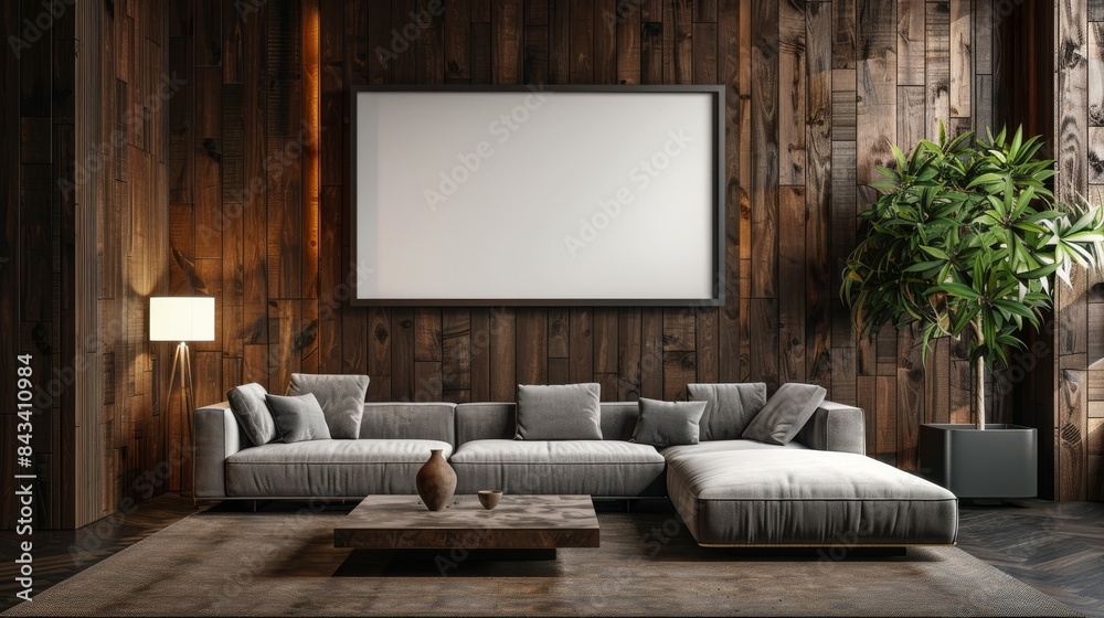 A contemporary living space with a large rectangular frame with copy space on a dark wood-paneled wall, near a modern sectional. A contemporary living space with a large rectangular frame with copy space on a dark wood-paneled wall, near a modern sectional.