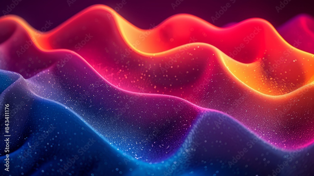 Blue, red, yellow gradient with grainy texture, glowing abstract wave, black backdrop, ideal for banner or poster design, noise effect