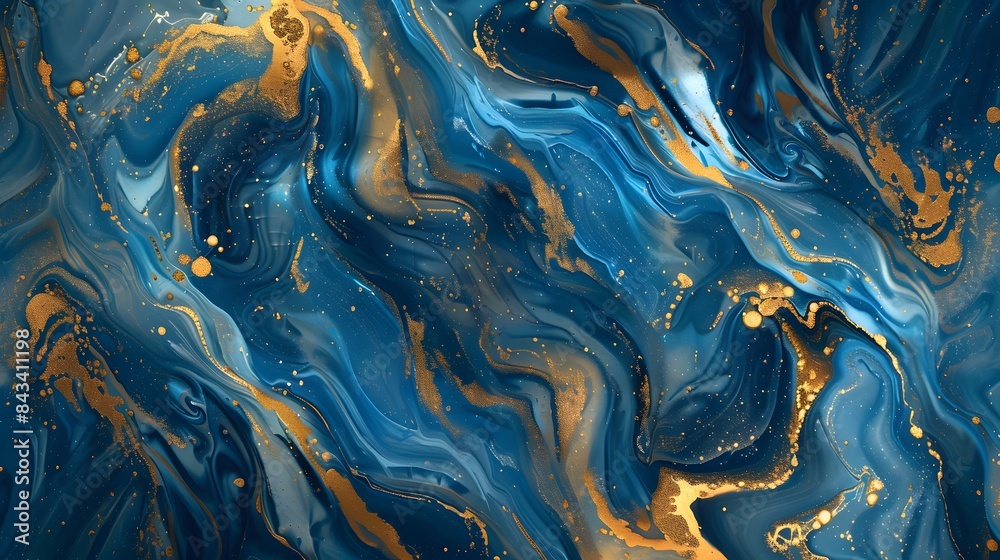 Hand painted background with mixed liquid blue and golden paints. Abstract fluid acrylic painting. Modern art. Marbled blue abstract background. Liquid marble pattern. Hand painted background with mixed liquid blue and golden paints. Abstract fluid acrylic painting. Modern art. Marbled blue abstract background. Liquid marble pattern.
