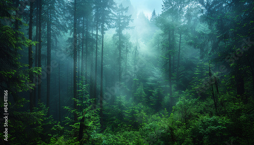 Photo of a Pacific Northwest forest on a rainy and foggy day in North Vancouver, British Columbia, Canada. Perfect for nature and travel-related content. photo