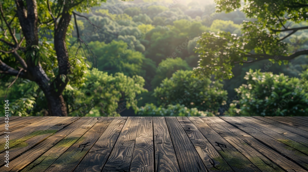 Empty wooden tabletop with a lush, green forest backdrop, ideal for product displays, photorealistic, minimalist aesthetic, natural light Empty wooden tabletop with a lush, green forest backdrop, ideal for product displays, photorealistic, minimalist aesthetic, natural light