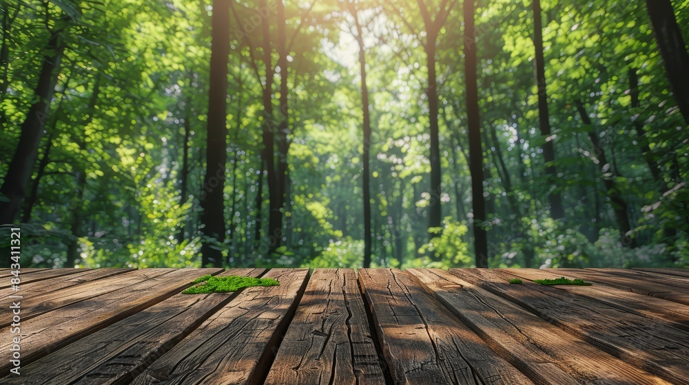 Empty wooden tabletop with a lush, green forest backdrop, ideal for product displays, photorealistic, minimalist aesthetic, natural light Empty wooden tabletop with a lush, green forest backdrop, ideal for product displays, photorealistic, minimalist aesthetic, natural light